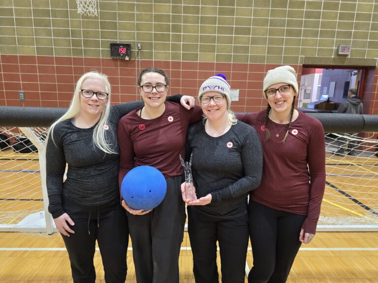 The Santiago 2023 Women's Goalball Team receives their trophy for the AthletesCAN Most Trending Moment Presented by Respect Group