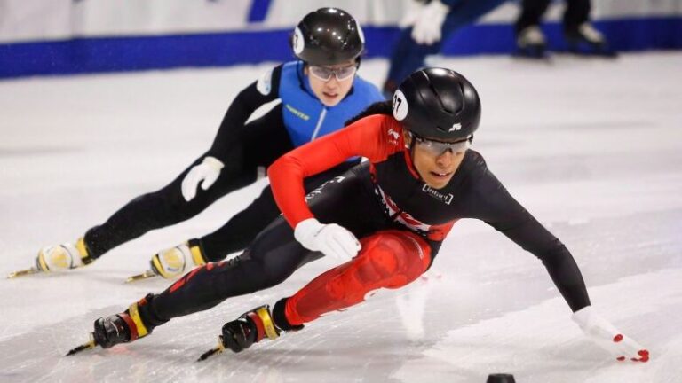 Canada's Alyson Charles, seen above in her World Cup debut last weekend, picked up her fourth medal of the season with a gold in the women's 1,000-metre race at the short track speed skating World Cup event in Salt Lake City, Utah, on Sunday. (Jeff McIntosh/Canadian Press)